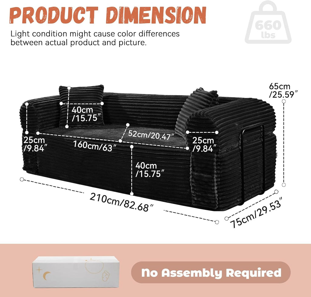 3 Seater Sofa Couch for Living Room (Black, 30' D + 2 Pillows +Fixed-Shape Frame)