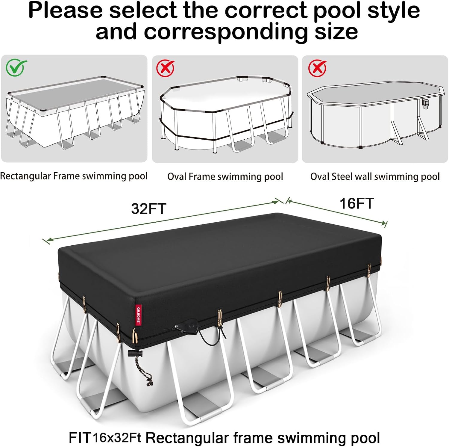 QH.HOME 16x32ft Rectangular Pool Cover,[Ultimate Windproof & Tear-Resistant Fabric],Snug Fit with Patented Ratchet & Weight Rings,Solar Pool Cover for Above Ground Pools, Blocks Leaves &Waterproof