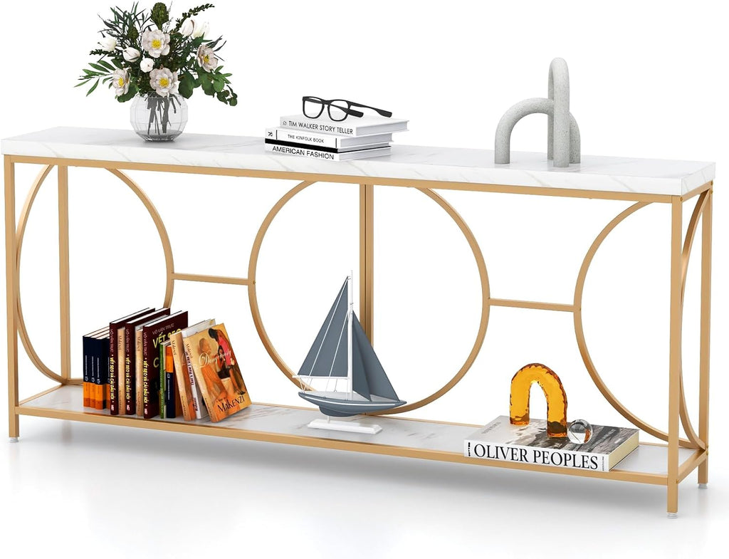 Giantex 71' Console Table, 2-Tier Extra-Long Gold Entryway Table w/Storage Shelf, Faux Marble Top, Narrow Sofa Table with Geometric Frame, Behind Couch Entry Table for Living Room, Hallway, Foyer
