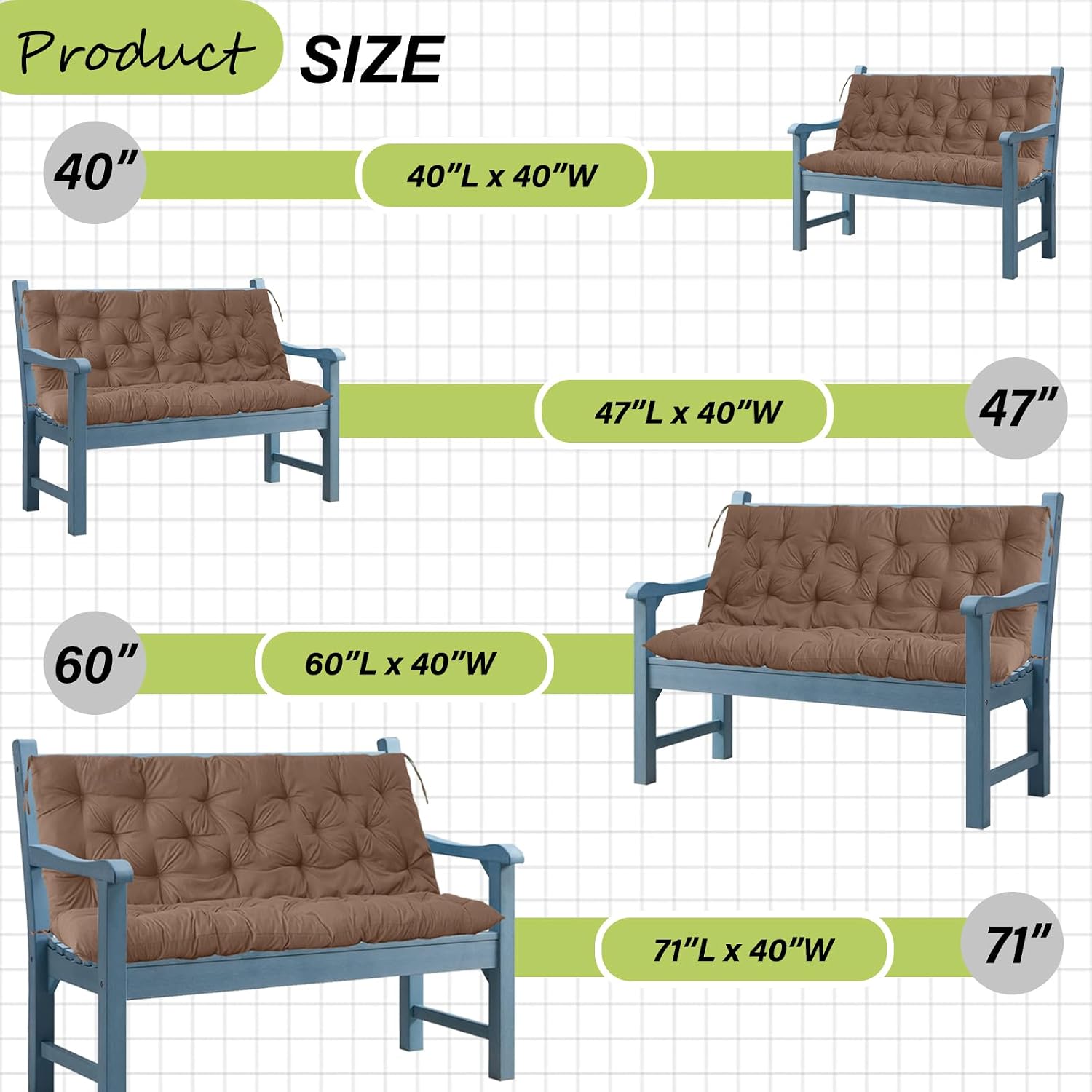 Waterproof Porch Swing Cushion Replacement, 2–3 Seat Swing Seat Cushion with Backrest & Ties, Thick Outdoor Bench Cushion for Patio Garden Porch (Brown, 40 x 60 in)