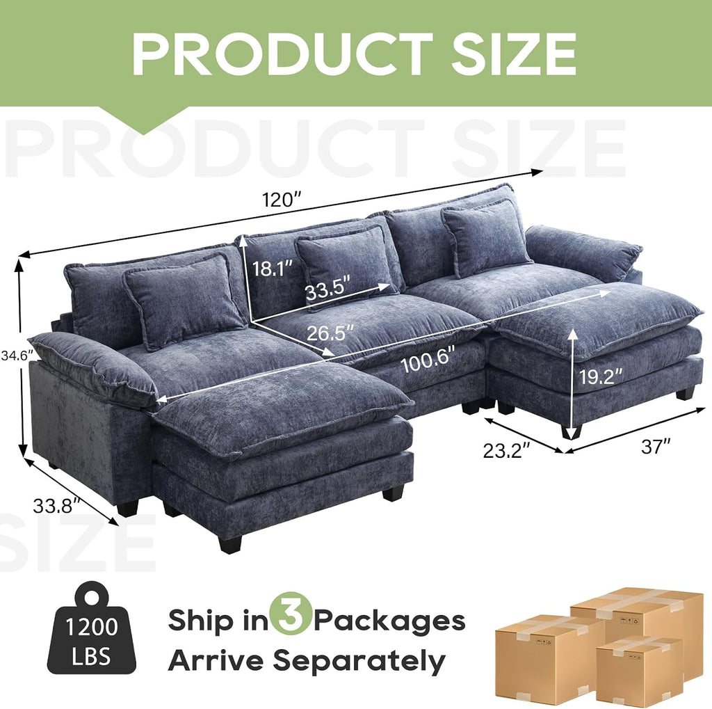 Oprisen 120' Modular Sectional Sofa, Comfy Cloud Couch Sectional Sofa with Ottoman, Chenille Sofa Sleeper Deep Seat Sofa with Throw Pillows for Living Room (Blue, 120'- U Shape)