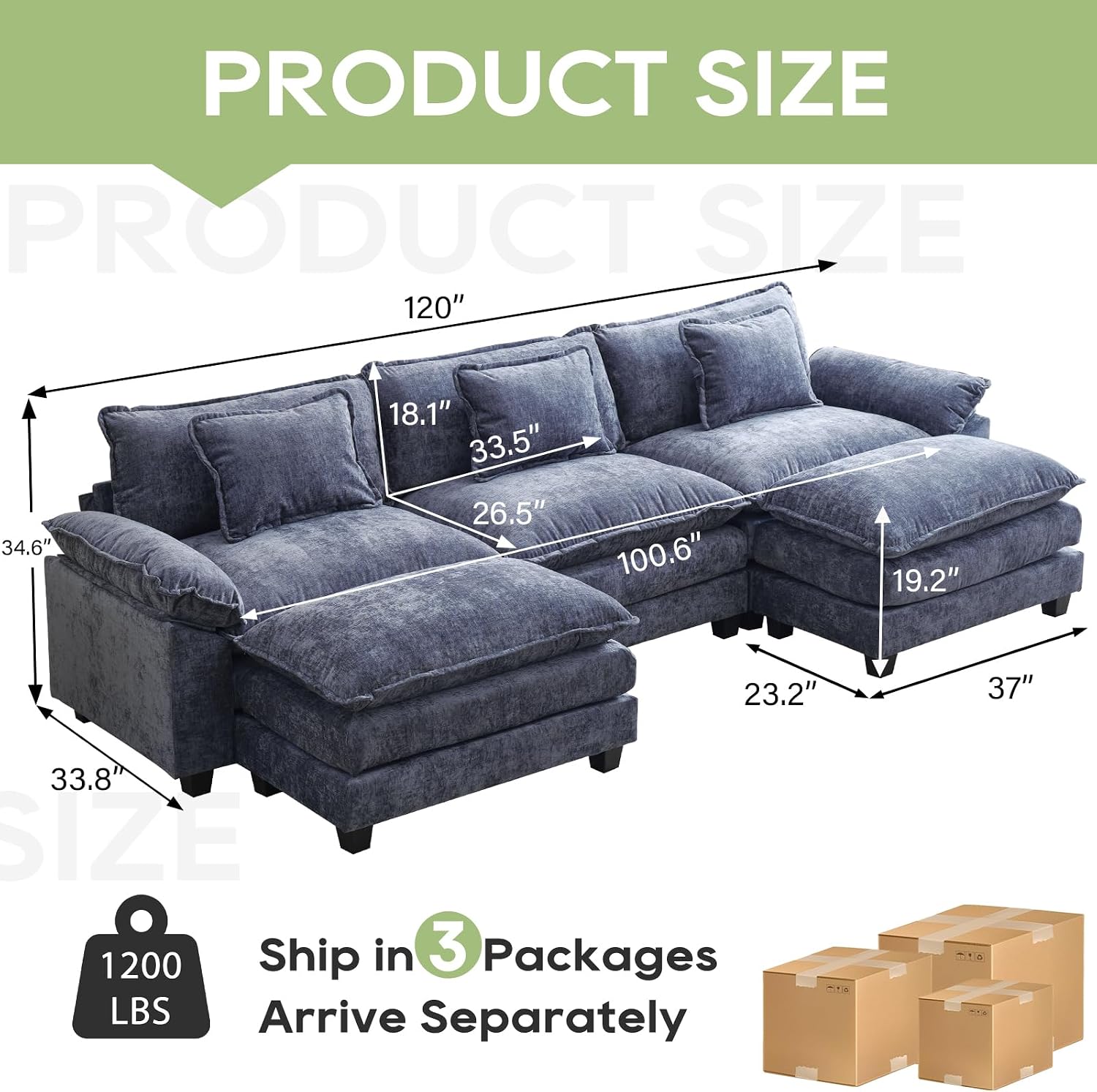 Oprisen 120' Modular Sectional Sofa, Comfy Cloud Couch Sectional Sofa with Ottoman, Chenille Sofa Sleeper Deep Seat Sofa with Throw Pillows for Living Room (Blue, 120'- U Shape)