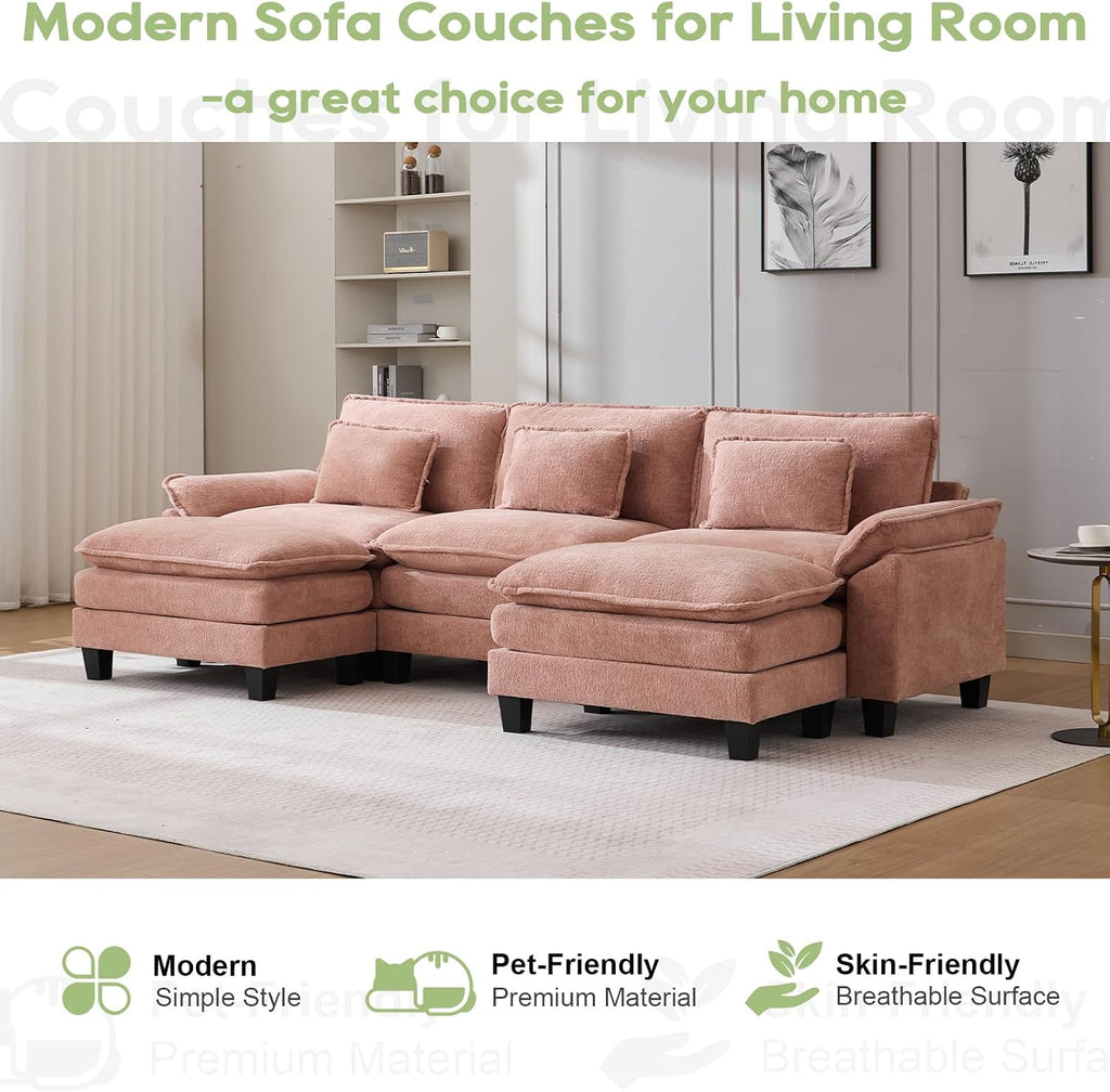 Oprisen 120' Modular Sectional Sofa, Comfy Cloud Couch Sectional Sofa with Ottoman, Chenille Sofa Sleeper Deep Seat Sofa with Throw Pillows for Living Room (Pink, 120'- U Shape)