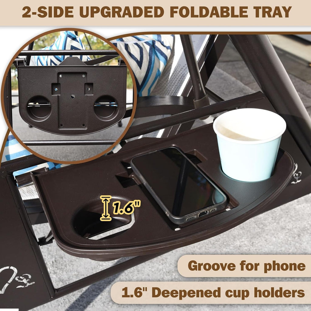 ZZW 3 Person Patio Swing Outdoor Swing for Adults with Adjustable Canopy &Upgraded Cup Holders Textilene Fabric Porch Swing Chair with Stand Heavy Duty 800 LBS