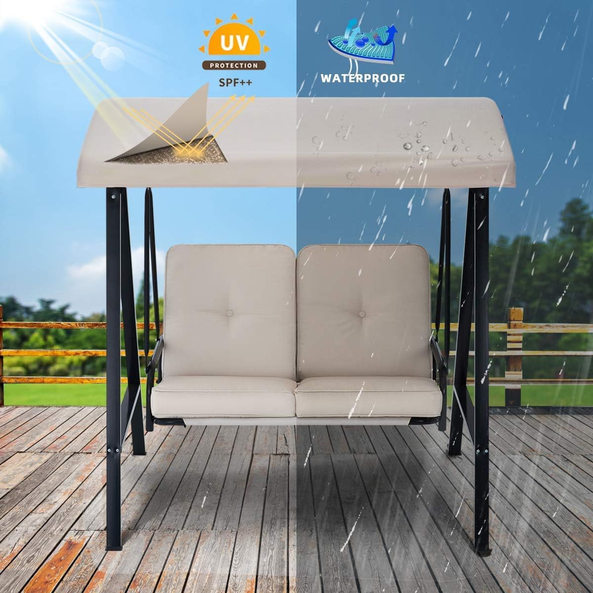 AECOJOY 2-Seat Outdoor Patio Swing Chair with Adjustable Canopy, Porch Swings Chairs for Adult, Outside Swing Bench with Removable Cushion, Suitable for Backyard, Garden, Yard, Poolside, Balcon,Beige