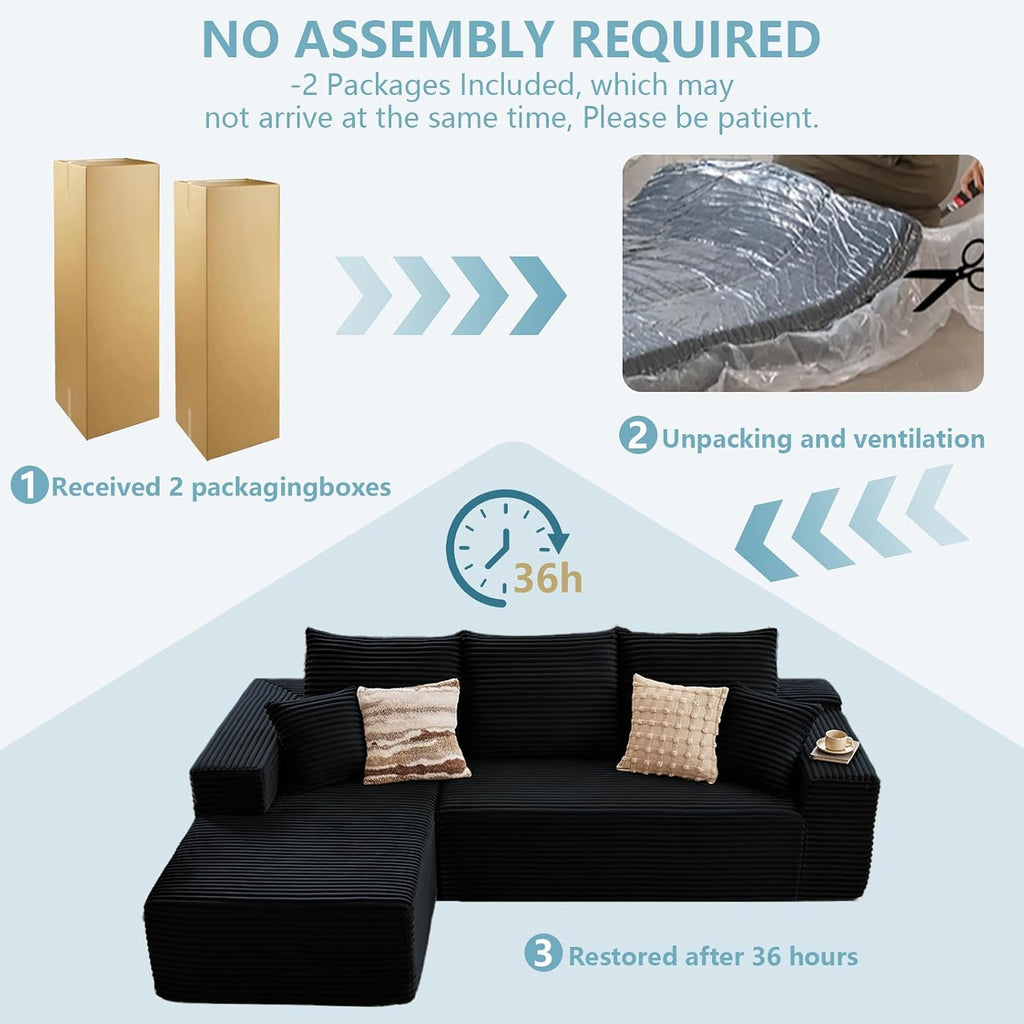 107' W Cloud Sectional Couch with L-Shape Chaise, Modern Corduroy Boneless Couch for Living Room,Memory Foam Sofa with Deep Seat,No Assembly Required (Black,Left-Facing Chaise)