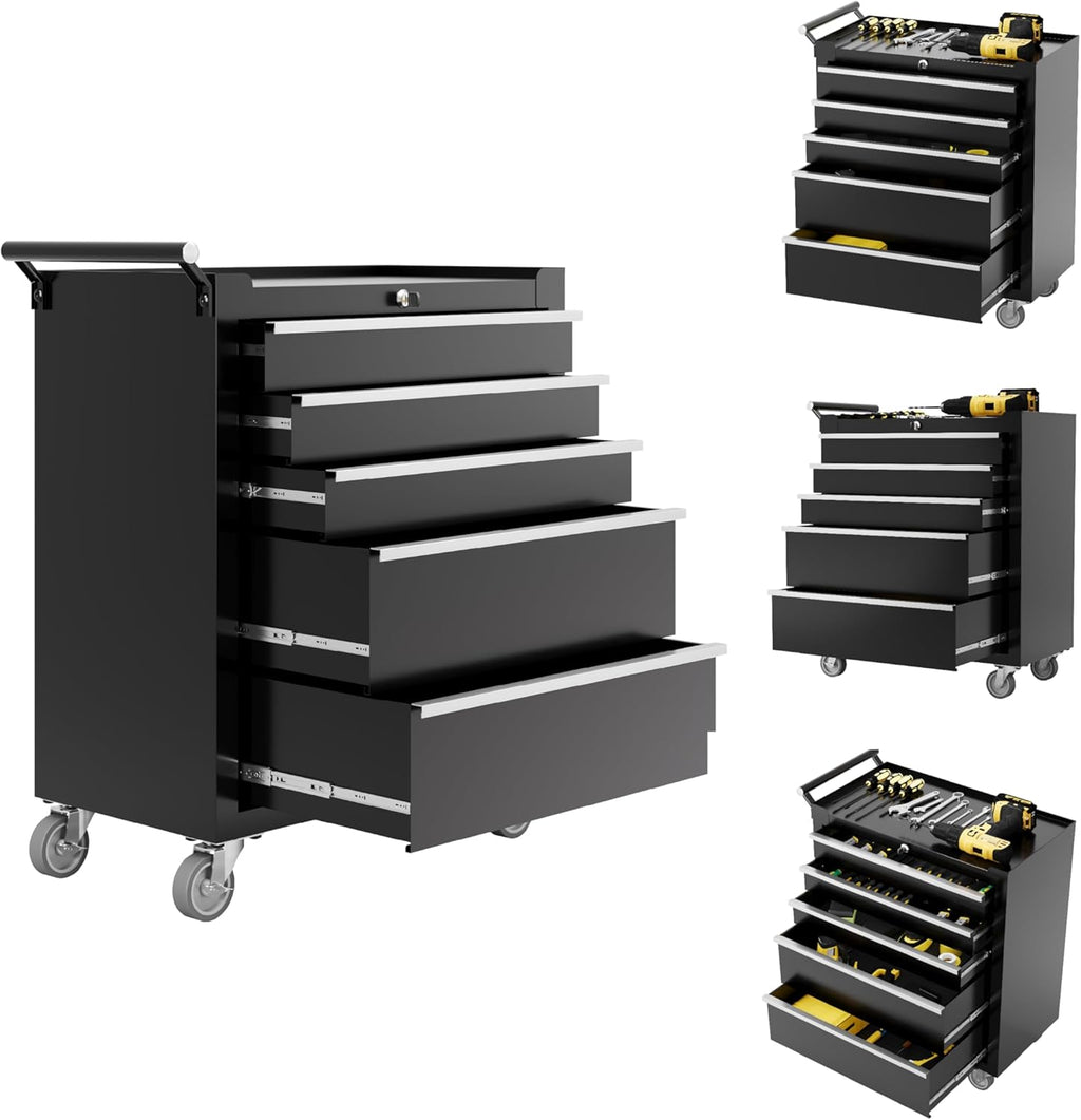 IDEALHOUSE Rolling Tool Chest, 5 Drawers Tool Storage Cabinet, Toolbox with Wheels, Portable Tool Cabinet Organizer with Locking System & Drawer Liners, Tool Storage Cart for Garage, Workshop, Black