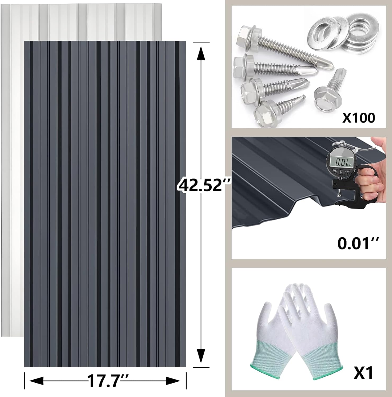 Metal Roofing Panels - 10 Pcs Waterproof Heavy Duty Metal Roof Panels Corrugated Metal Siding for Roofs Carports Tool Sheds Patio Porch Pergola, Easy to Install Grey, 42.52x17.7in