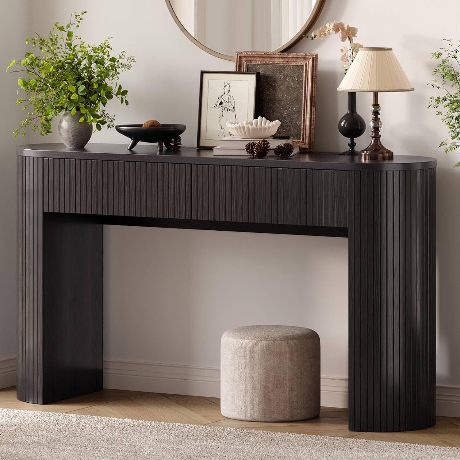 55 Inch Console Table with 2 Drawers, Fluted Entryway Tables with Storage, Sofa Table Behind The Couch, Hallway Tables, Mid-Century Modern Foyer Table for Entryway, Hallway, Living Room, Black