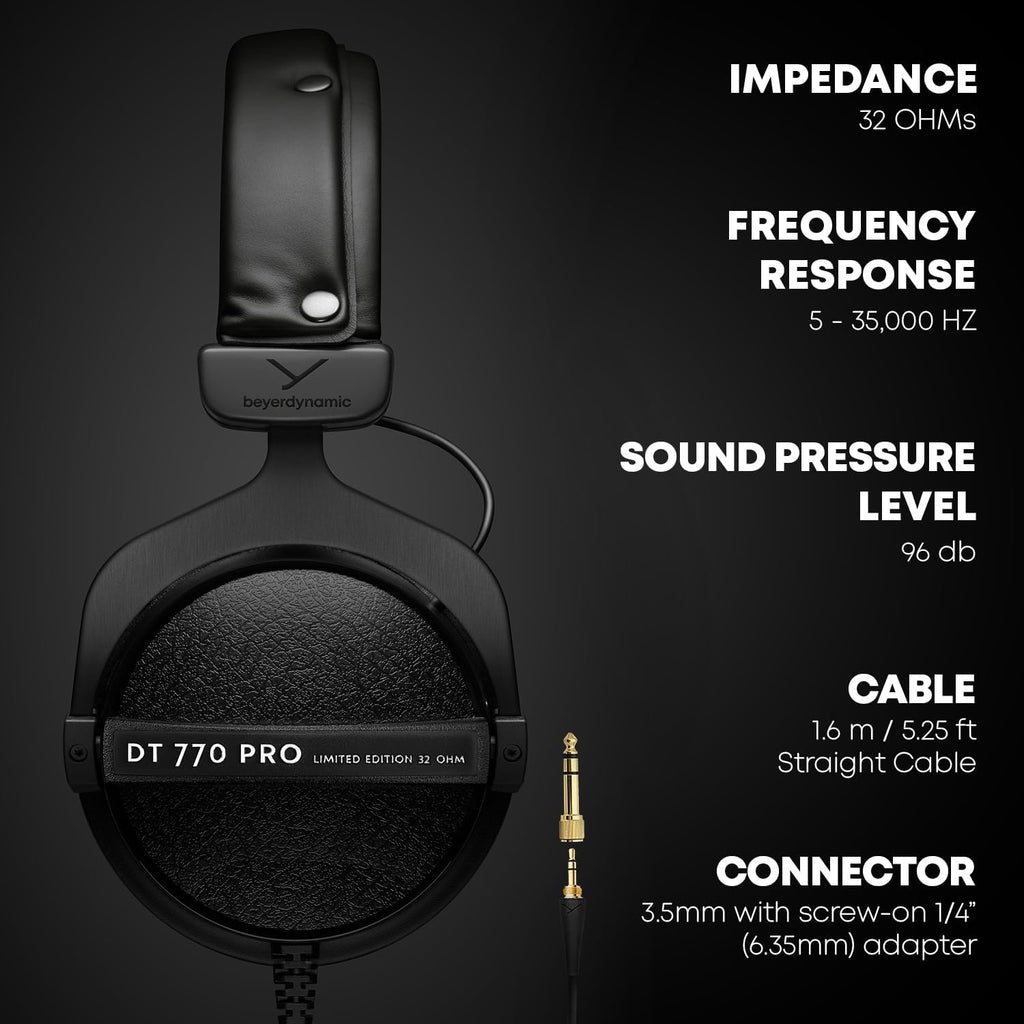 beyerdynamic DT 770 PRO, 32 Ohm, Closed Back, Over Ear, Wired Professional Studio Headphones, Mobile Recording, Podcast, Gaming, 1.6m Straight Cable, Black with Limited Edition Gray Velour Ear Pads