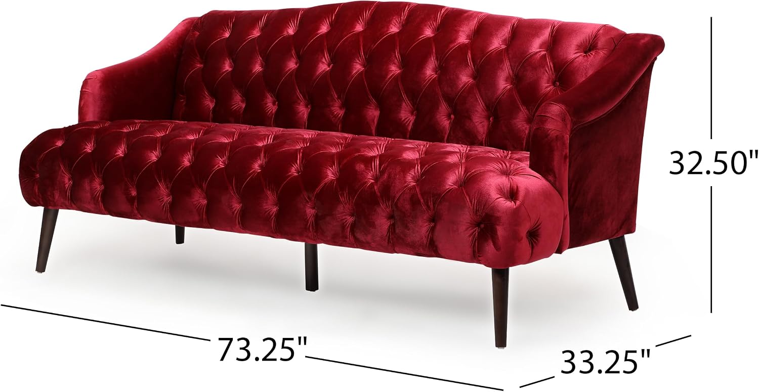 Wine Red Modern Velvet Loveseat Sofa Couch, 73' Mid - Century Tufted Upholstered Small Love Seat Couch, Curved High Back 3-Seats Couches for Compact Space, Living Room, Apartment (Wine Red)