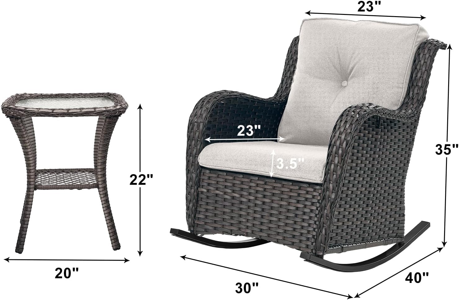 Rilyson Patio Chairs Outdoor Rocking Chair - 3 Piece Wicker Patio Bistro Set Rattan Patio Furniture Rocker Chairs and Side Table for Porch Deck Backyard Garden(Brown/Beige)