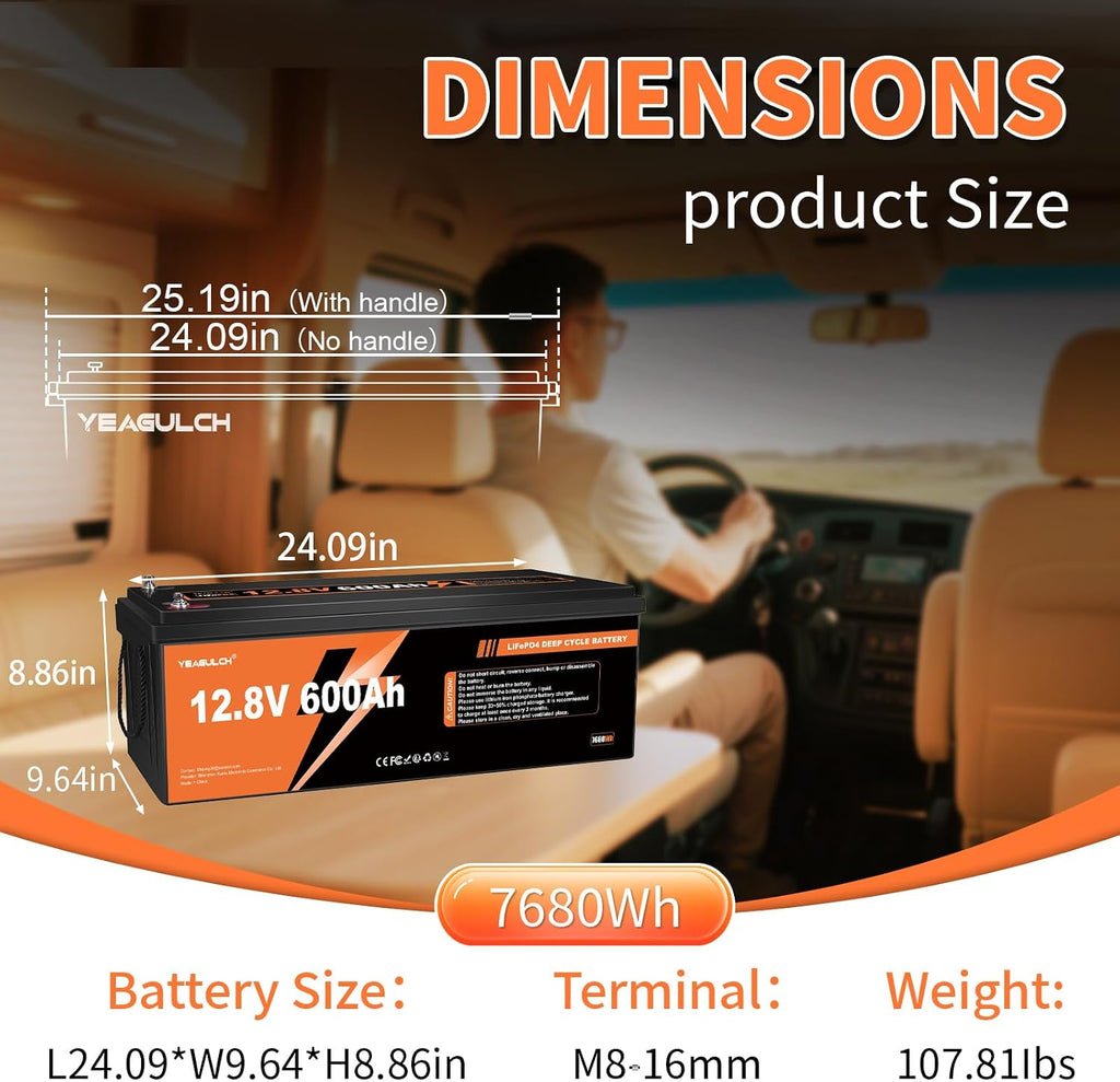 12V 600Ah LiFePO4 Lithium Battery with 200A BMS 7680Wh, Up to 15000 Deep Cycle Low Temperature Protection Battery Perfect for RV, Solar, Marine, Camping, Off-Grid, Home Energy Storage