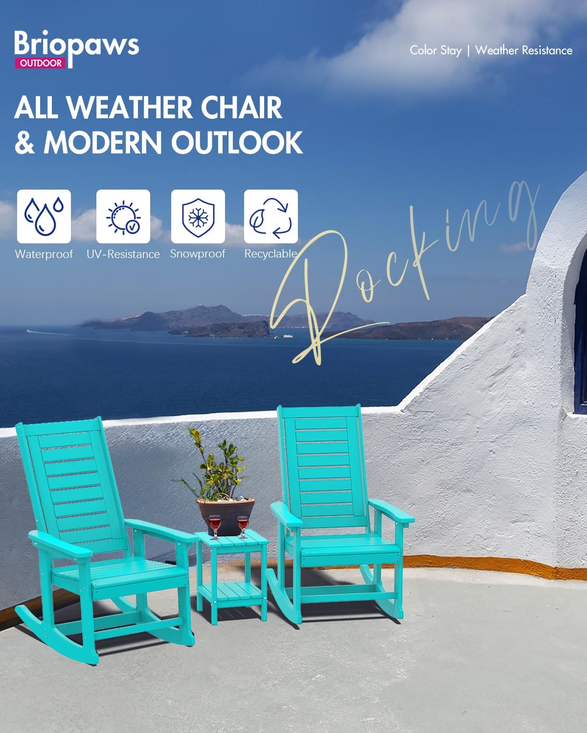 BRIOPAWS Outdoor Rocking Chairs Set of 2 | HDPE Plastic | Porch Rockers | Aqua | Oversized | Patio Rocker Chair | High Back | for Big Man | Weather Resistant | for Outside Deck Balcony Front Backyard