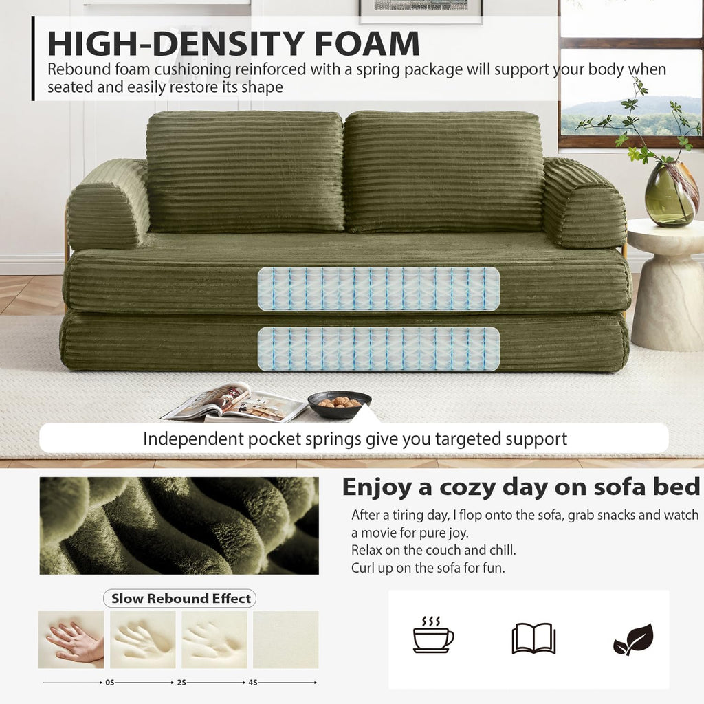 HANXIN 80 Inch Convertible Sleeper Sofa Bed, High Back Plush Corduroy Folding Floor Mattress Couch with Fixed-Shape Frame, Boneless Futon Loveseat with Pull Out Bed, No Assembly Required (Green)