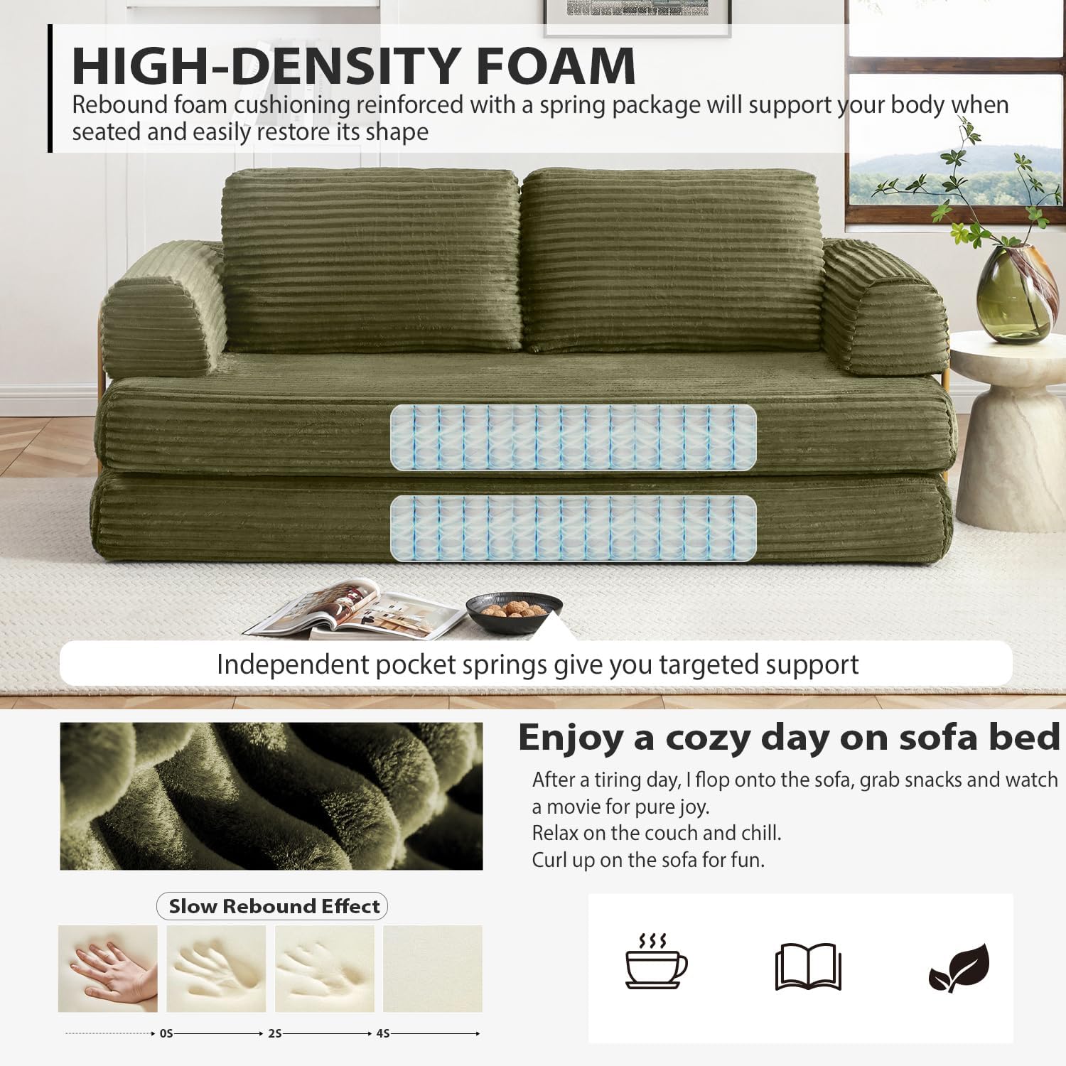 HANXIN 80 Inch Convertible Sleeper Sofa Bed, High Back Plush Corduroy Folding Floor Mattress Couch with Fixed-Shape Frame, Boneless Futon Loveseat with Pull Out Bed, No Assembly Required (Green)