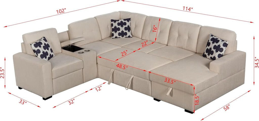 Ball & Cast L-Shape Convertible Sectional Sleeper Sofa Bed 2 in 1 Pull Out Couch with Storage Chaise & Cup Holders,6 Seat Chenille Upholstered Reversible Sleeper Corner Couch for Living Room,Beige