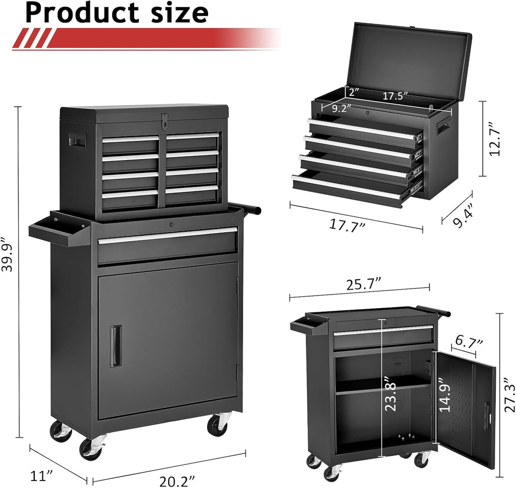 AirWire Tool Chest,5-Drawer Rolling Tool Storage Cabinet with Enhanced Packaging, Detachable Top Tool Box, Metal Tool Cart for Garage Workshop,Black, ATC001BK