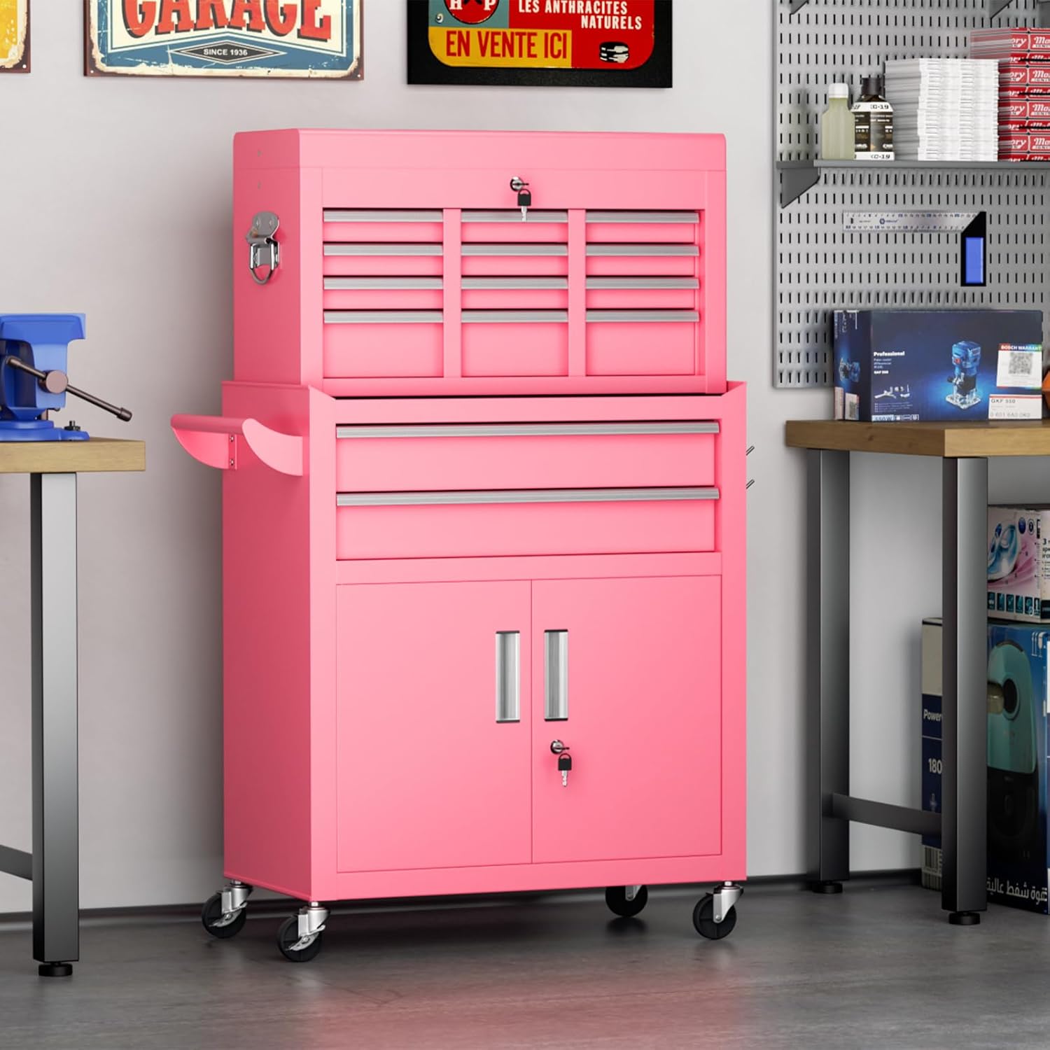 Crownland 8 Drawer Rolling Tool Chest with Wheels, Lockable 2 in 1 Detachable Tool Cabinet wit Drawers and Black Liners, Garage Top Toolbox and Bottom Storage Cart with Side Hooks,Pink