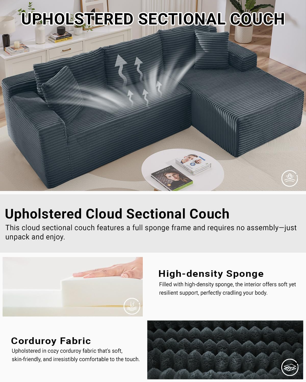 105 Inch Cloud Sectional Couch,Modern Modular Sectional Sofa with Deep Seat,Corduroy Boneless Couches with L-Shape Chaise for Living Room Bedroom,No Assembly Required (Dark Grey, Right Facing Chaise)