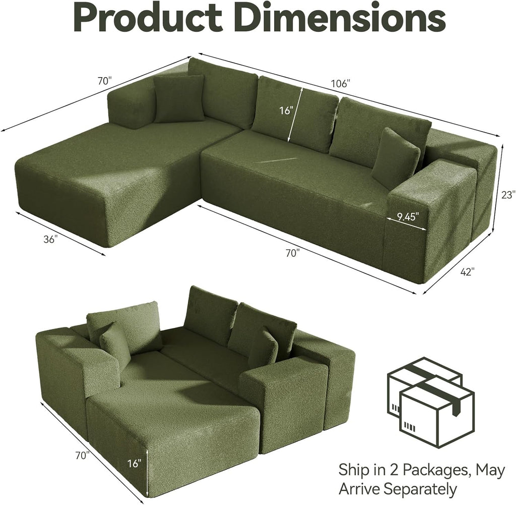 Cloud Wool Modular Sectional Sofa with Chaise, 106' L-Shaped Sofa Couch for Living Room, Deep Seat Plush Boneless Couches, Includes Pillows, Right Chaise, Green