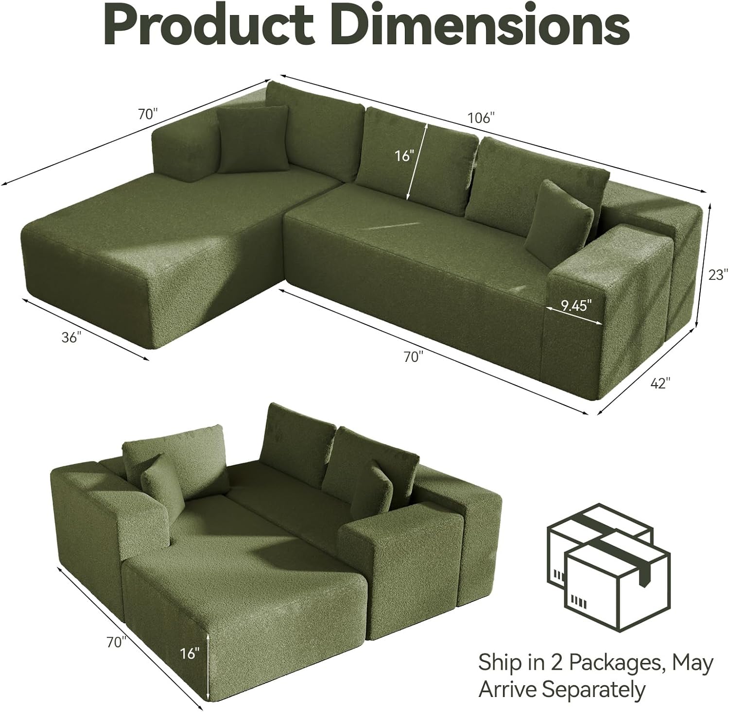 Cloud Wool Modular Sectional Sofa with Chaise, 106' L-Shaped Sofa Couch for Living Room, Deep Seat Plush Boneless Couches, Includes Pillows, Right Chaise, Green