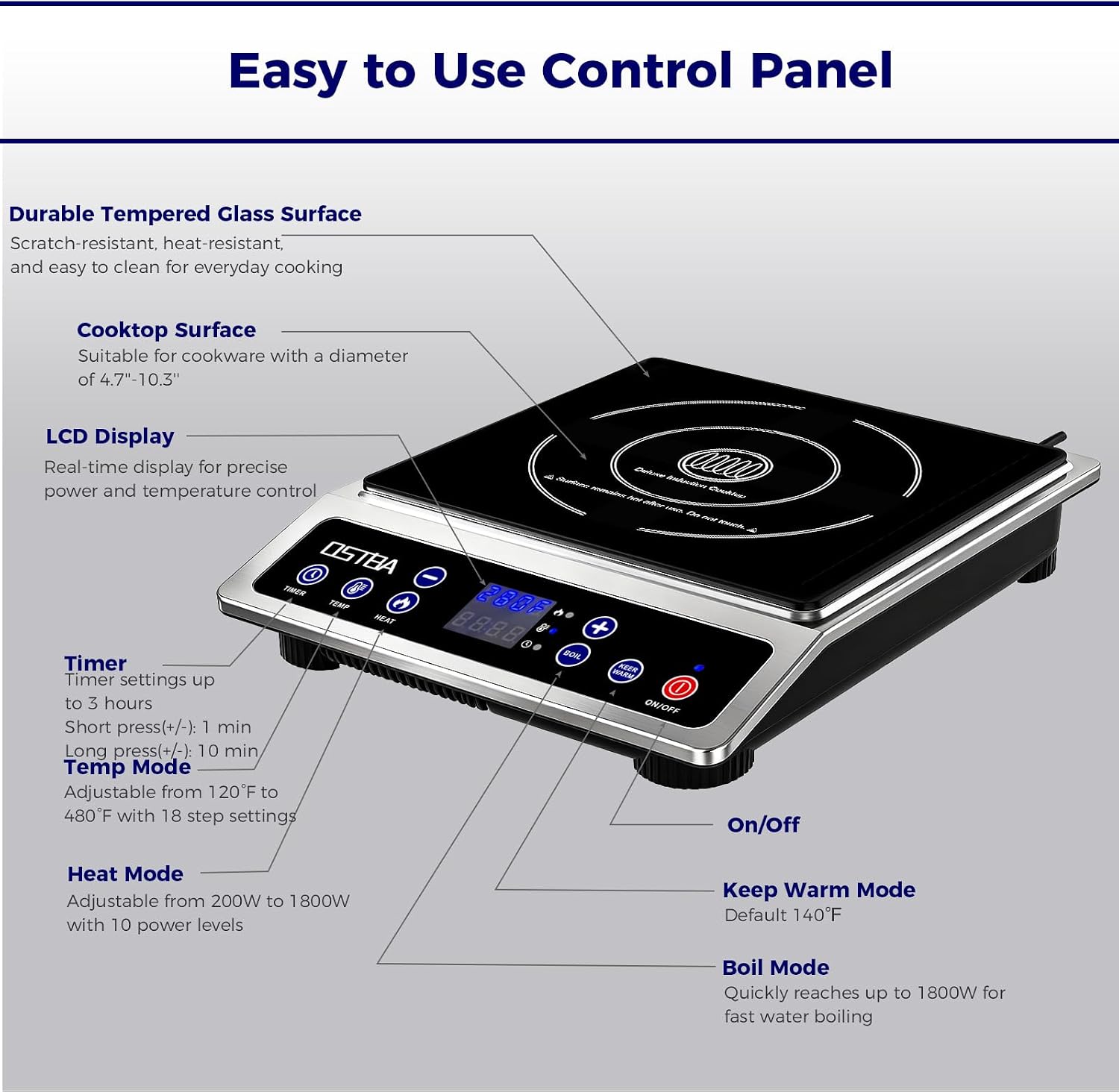 OSTBA 1800W Commercial Induction Cooktop, 7' Heating Coil Countertop Induction Burner, 10 Power Levels & 120–460°F Temperature Control, 3H Timer, Keep Warm, ETL Certified