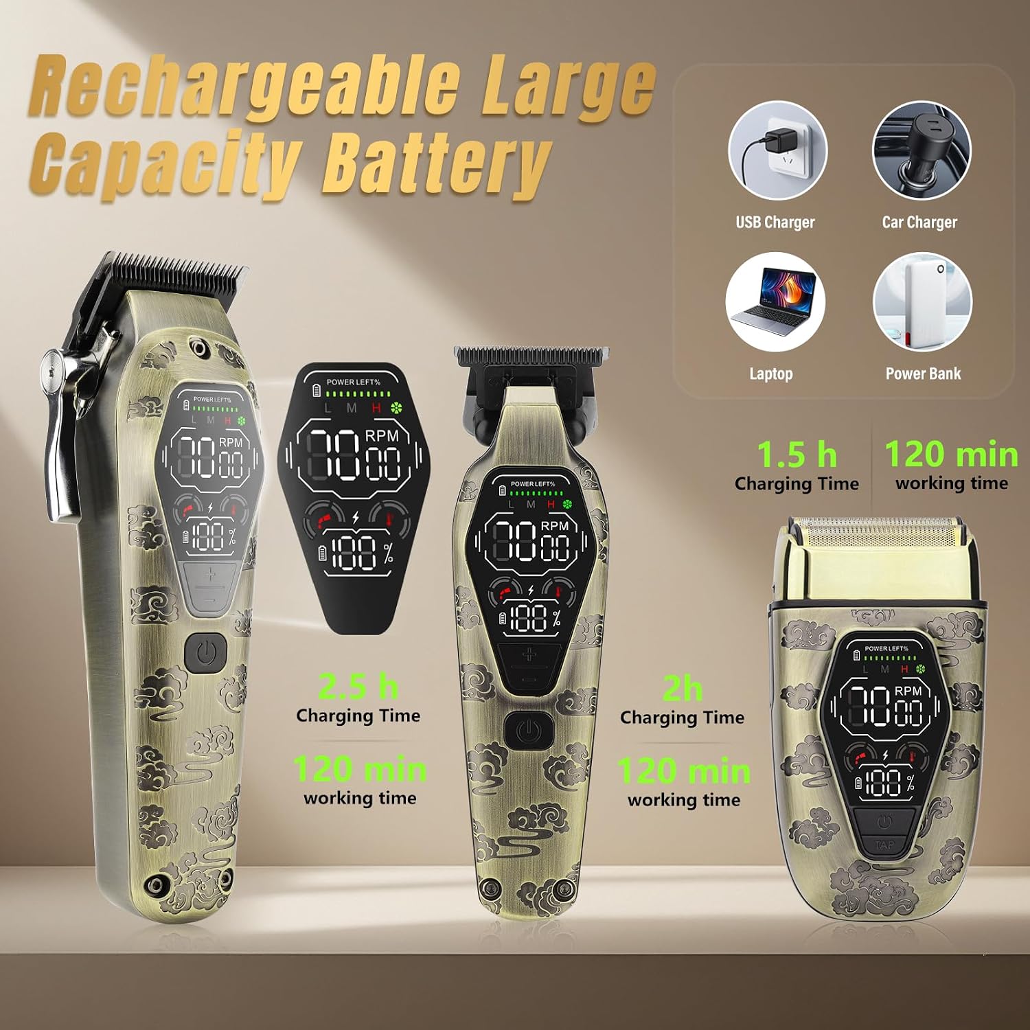 Beatslm Hair Clippers for Men Professional, T-Blade Hair Trimmer for Men, Electric Shaver Razor, Beard Trimmer, 3 in 1 Cordless Barber Clippers and Trimmers Set, Haircutting Kit LCD Display (Bronze)