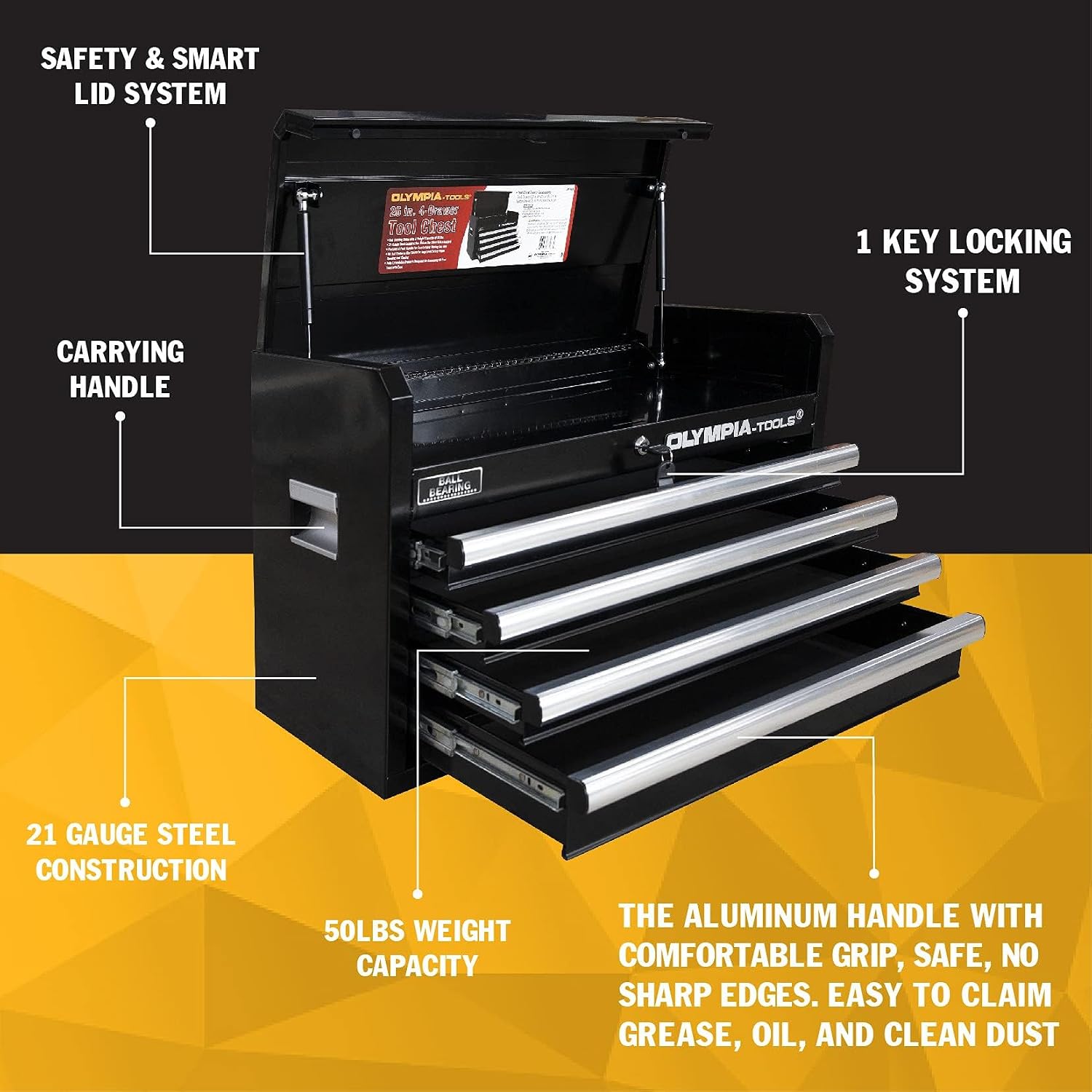Olympia Tools 26-Inch 4-Drawer Portable Tool Chest, Metal Storage Organizer Box, Black - Work Toolbox for Home Garage and Workshop with Locking Lid and Ball Bearing Slides