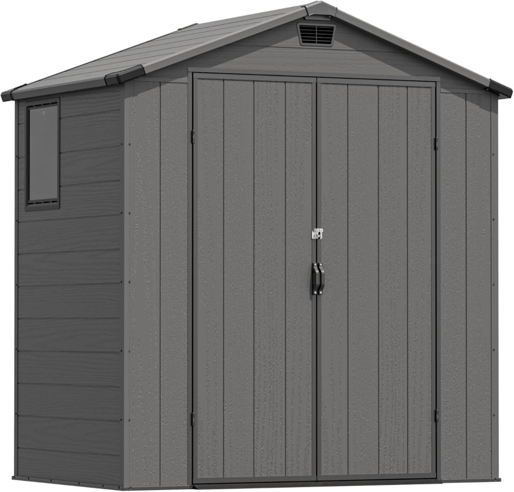 Greesum 6x4FT Plastic Outdoor Storage Shed with Floor, Resin Sheds with Lockable Double Door, Tool Sheds with Vents and Window, for Garden, Backyard, Patio, Dark Gray