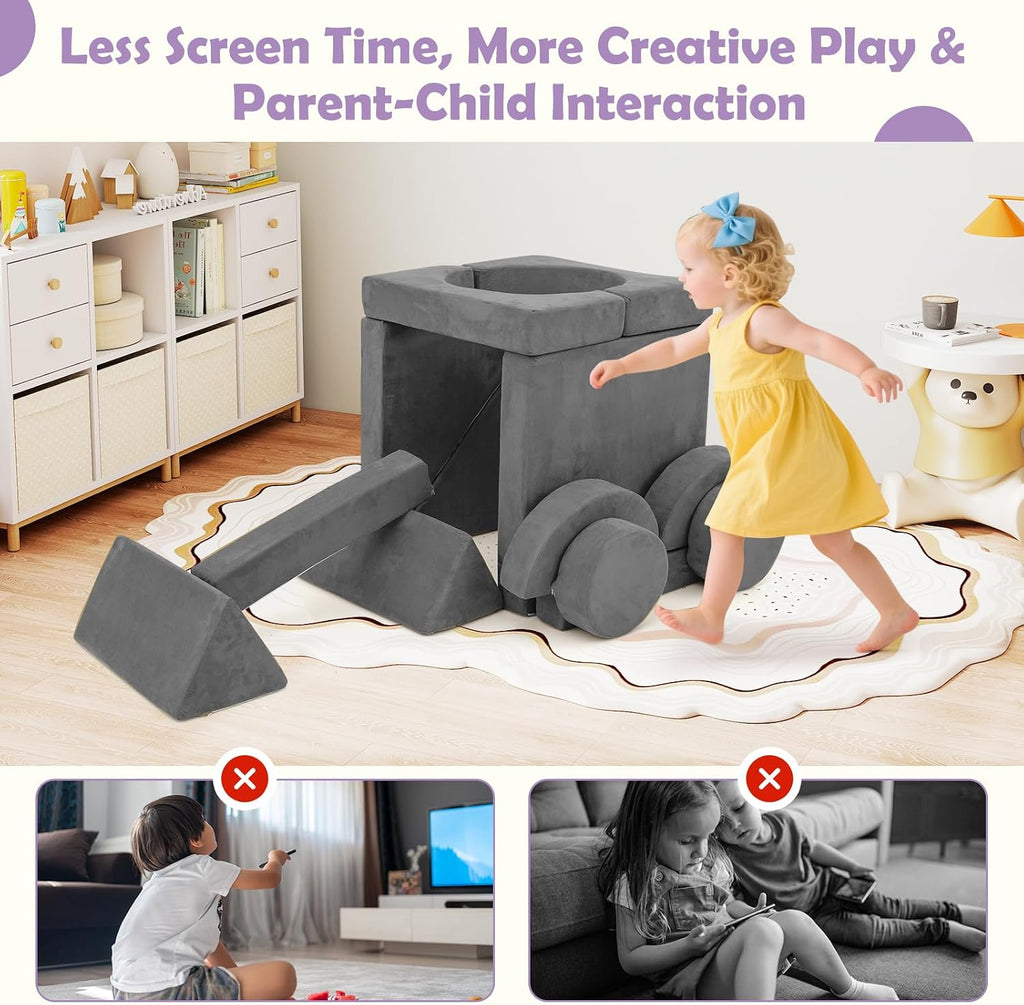 Costzon 14 PCS Modular Kids Play Couch, Child Sectional Sofa, Versatile Toddler Soft Building Blocks Sofa Playset for Playroom Bedroom, Convertible Foam and Floor Cushion for Boys Girls Gifts (Gray)