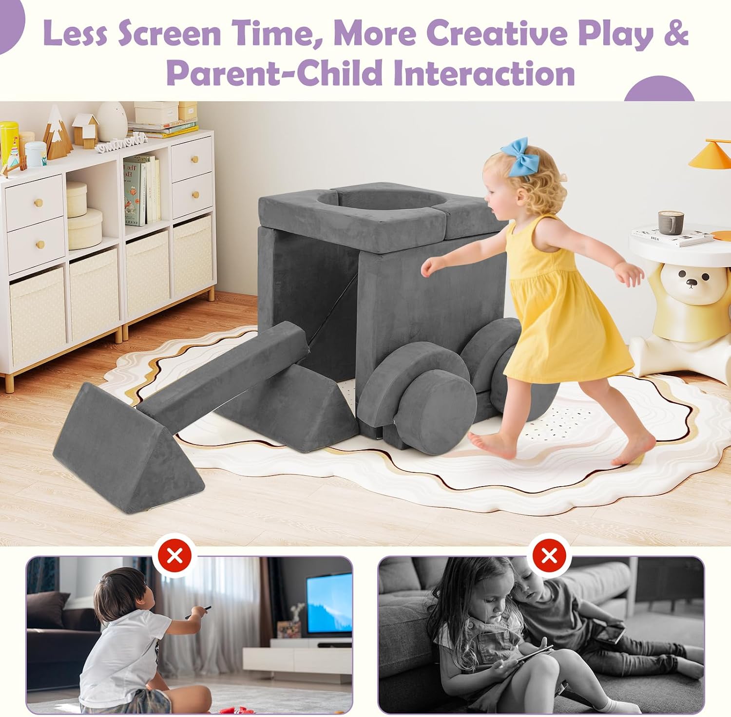 Costzon 14 PCS Modular Kids Play Couch, Child Sectional Sofa, Versatile Toddler Soft Building Blocks Sofa Playset for Playroom Bedroom, Convertible Foam and Floor Cushion for Boys Girls Gifts (Gray)