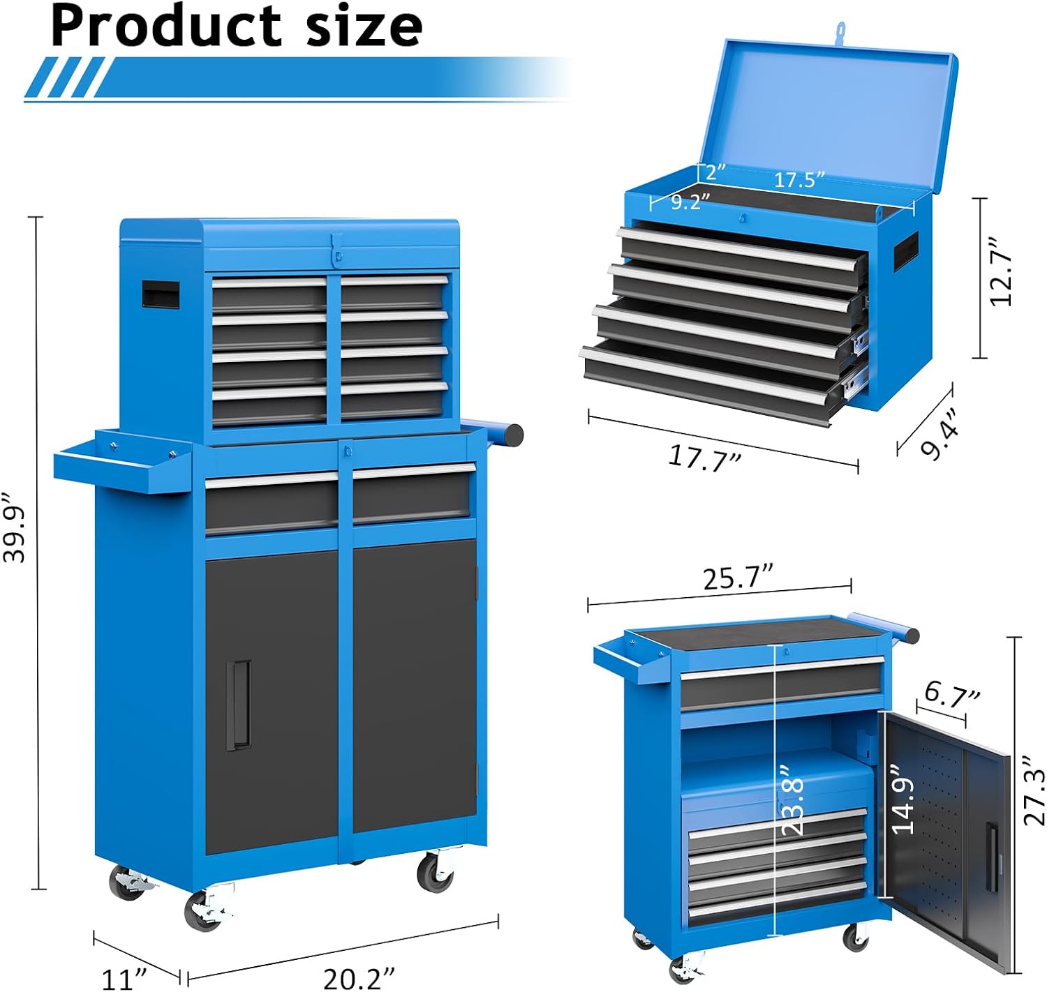 AirWire 5-Drawer Rolling Metal Tool Storage Cabinet with Detachable Top Tool Box, for Garage Workshop - Blue