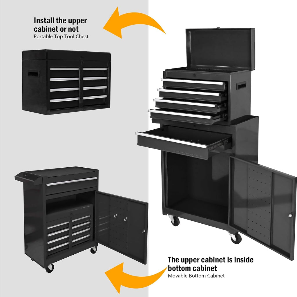 5-Drawer Tool Chest, Rolling Tool Box with Detachable Top Toolbox & Universal Wheels, Tool Cabinet with Lock Bar, Protective Liner & Tool Rack, Metal Storage Cart for Garage,Workshop (Black)