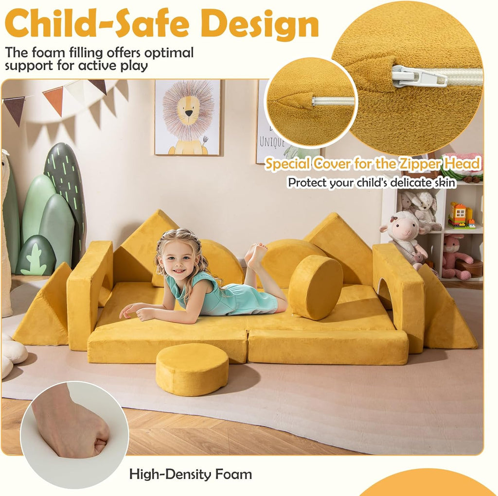 Costzon 14 PCS Modular Kids Play Couch, Child Sectional Sofa, Versatile Toddler Soft Building Blocks Sofa Playset for Playroom Bedroom, Convertible Foam and Floor Cushion for Boys Girls Gifts (Yellow)