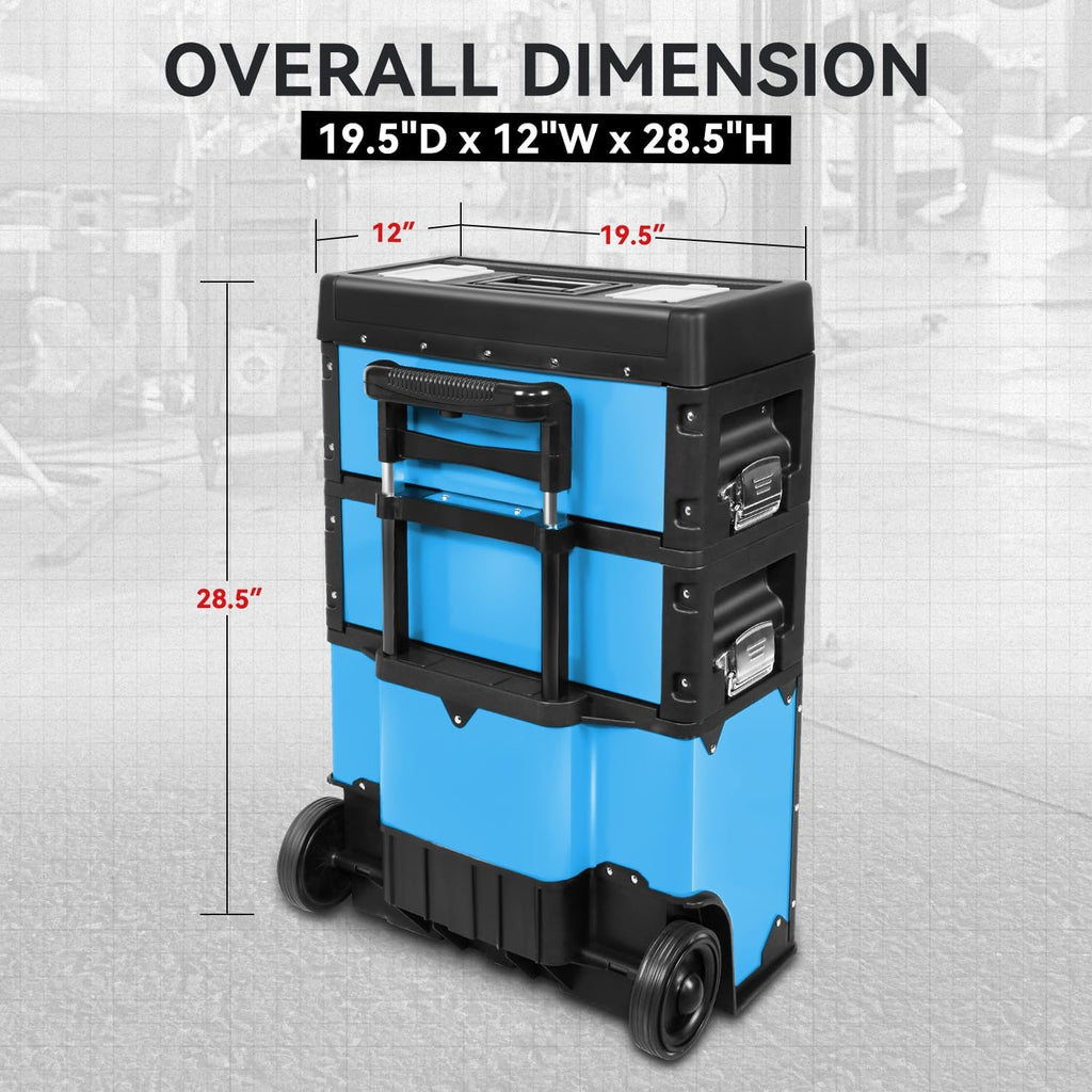 Auto Dynasty 3-Tier Stackable Tool Box, 19.5 Inch 3-in-1 Rolling Tool Box with Wheels, Portable Steel and Plastic Rolling Upright Trolley Toolbox Organizer for Garage Workshop, 3-Piece Set, Blue