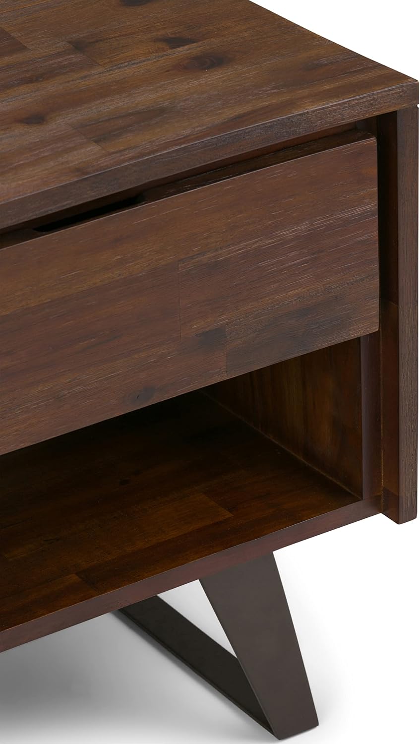 SIMPLIHOME Lowry End Table - 22 inch Wide Solid Acacia Wood Square Accent Table with Drawer and Open Shelf in Distressed Charcoal Brown, Modern Industrial Lamp Stand with Angled Legs for Living Room