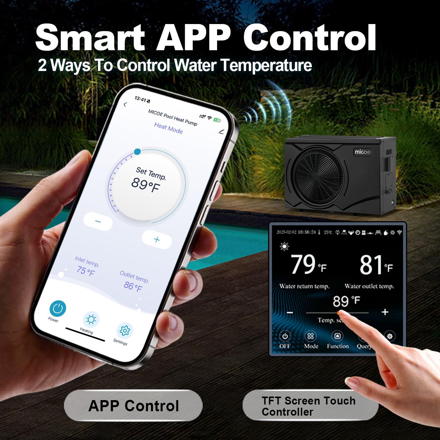 MICOE 35000BTU Inverter Heat Pump for Swimming Pools, Smart APP Control Pool Heater for Above Ground & Inground Pools up to 12000 Gallons, Titanium Heat Exchanger, Ultra Quiet, 220-240V
