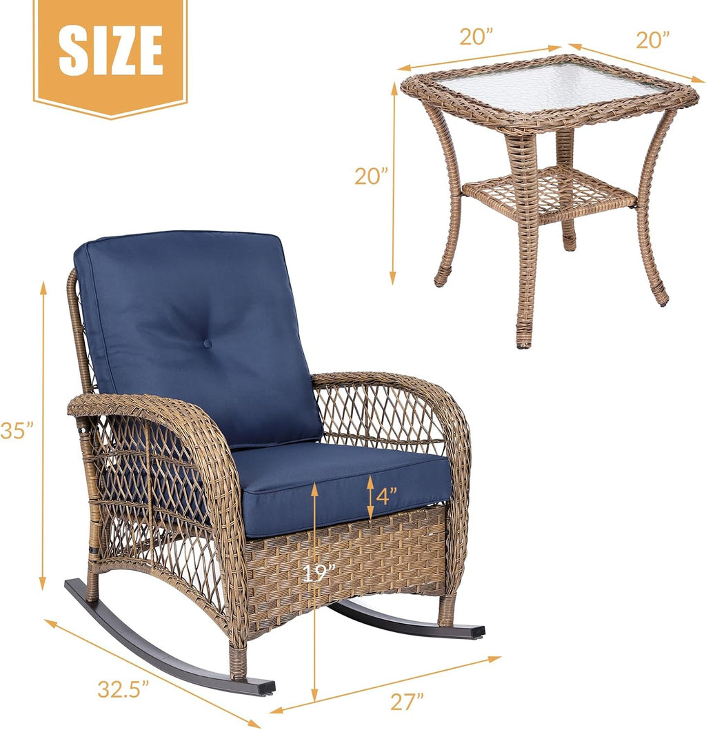 3 Pieces Outdoor Patio Bistro Rocking Chair Set, Rattan Patio Rocker Chairs Set with Cushions and Glass-Top Coffee Table, Conversation Bistro Set for Porch & Backyard - Navy Blue