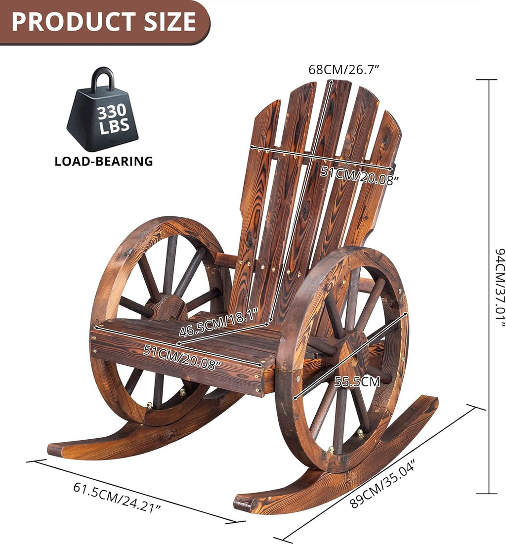Outvita Adirondack Rocking Chair Set of 2, Wood Wagon Rocker, Outdoor Wooden Carbonized Lounge Chairs with Wheel Armrest for Garden Patio Country Yard Porch, Fir