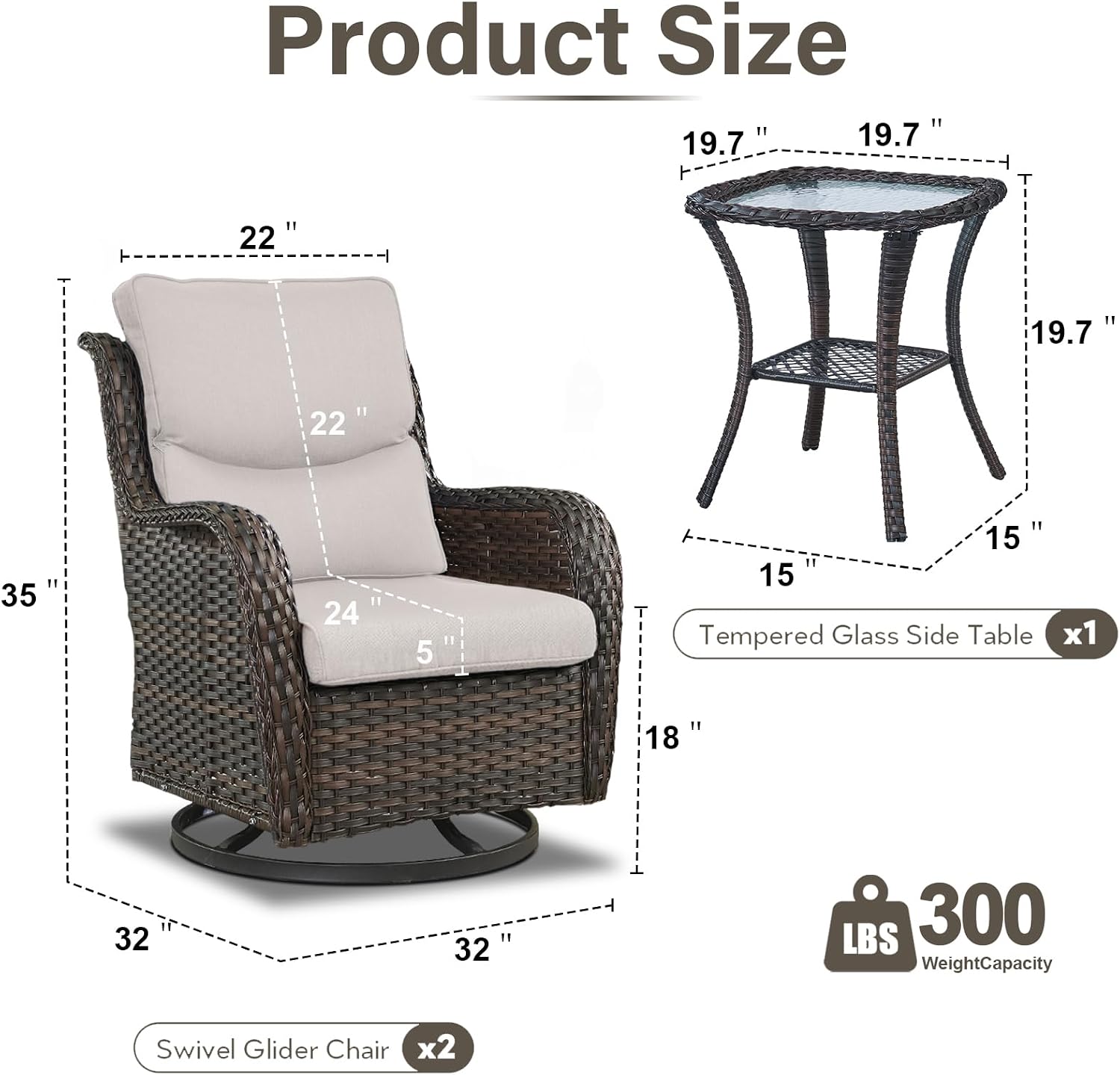 Outdoor Swivel Rocker Patio Chairs with 5' Thick Cushion - 3 Piece Wicker Bistro Set with Side Table, High Back Comfty Outdoor Glider Chairs for Balcony, Porch, Deck, Poolside - Brown/Beige