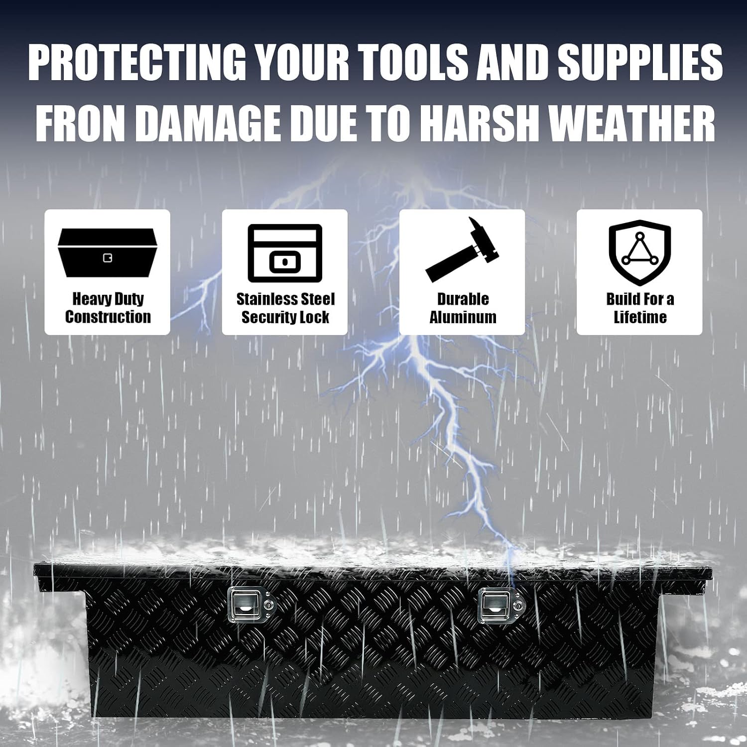 confote 60 Inch Heavy Duty Aluminum Stripes Plated Tool Box Pick Up Truck Bed RV Toolbox Waterproof Storage Organizer with Lock and Key,60'x 12'x 14'-Black