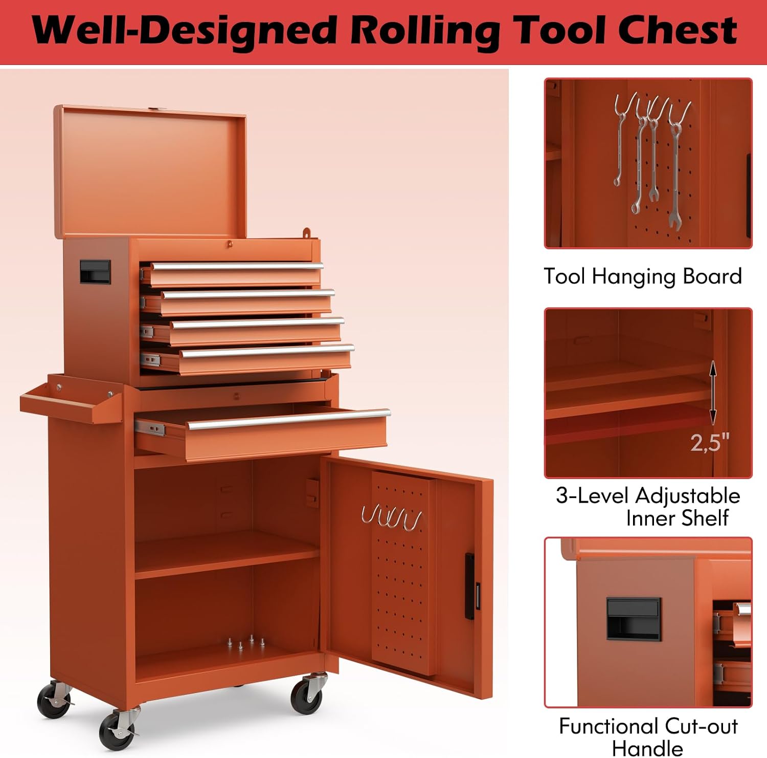 Goplus Tool Chest, 5 Drawers Rolling Tool Cabinet with Detachable Top Toolbox, Universal Lockable Wheels, Lock Bar, Protective Liner & Tool Rack, Metal Tool Storage Cart, Tool Box for Garage Workshop