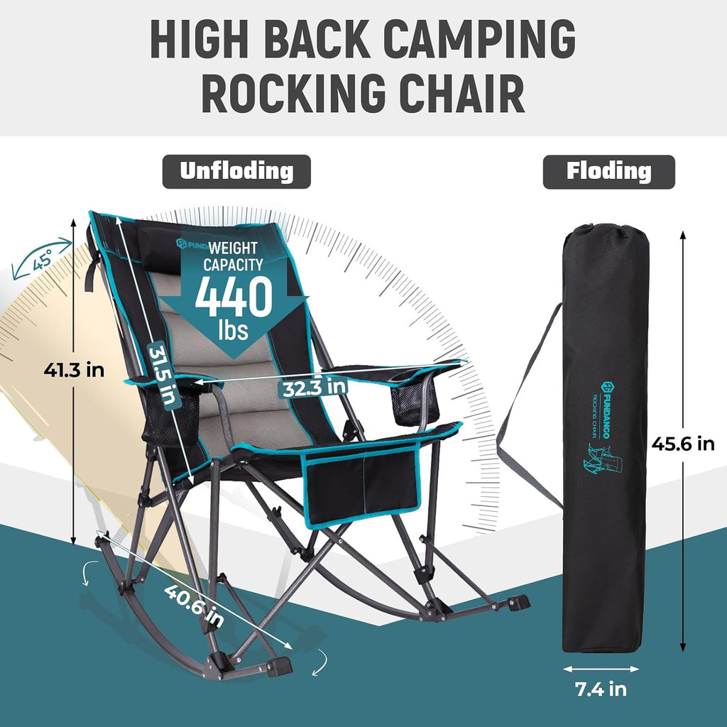 FUNDANGO Oversized Rocking Camping Chair for Adults, 2 Pack High Back Padded Folding Lawn Chairs with Pillows, Wide Armrest, 2 Cup Holders, Carry Bag for Patio Garden Outdoor Supports 440Lbs