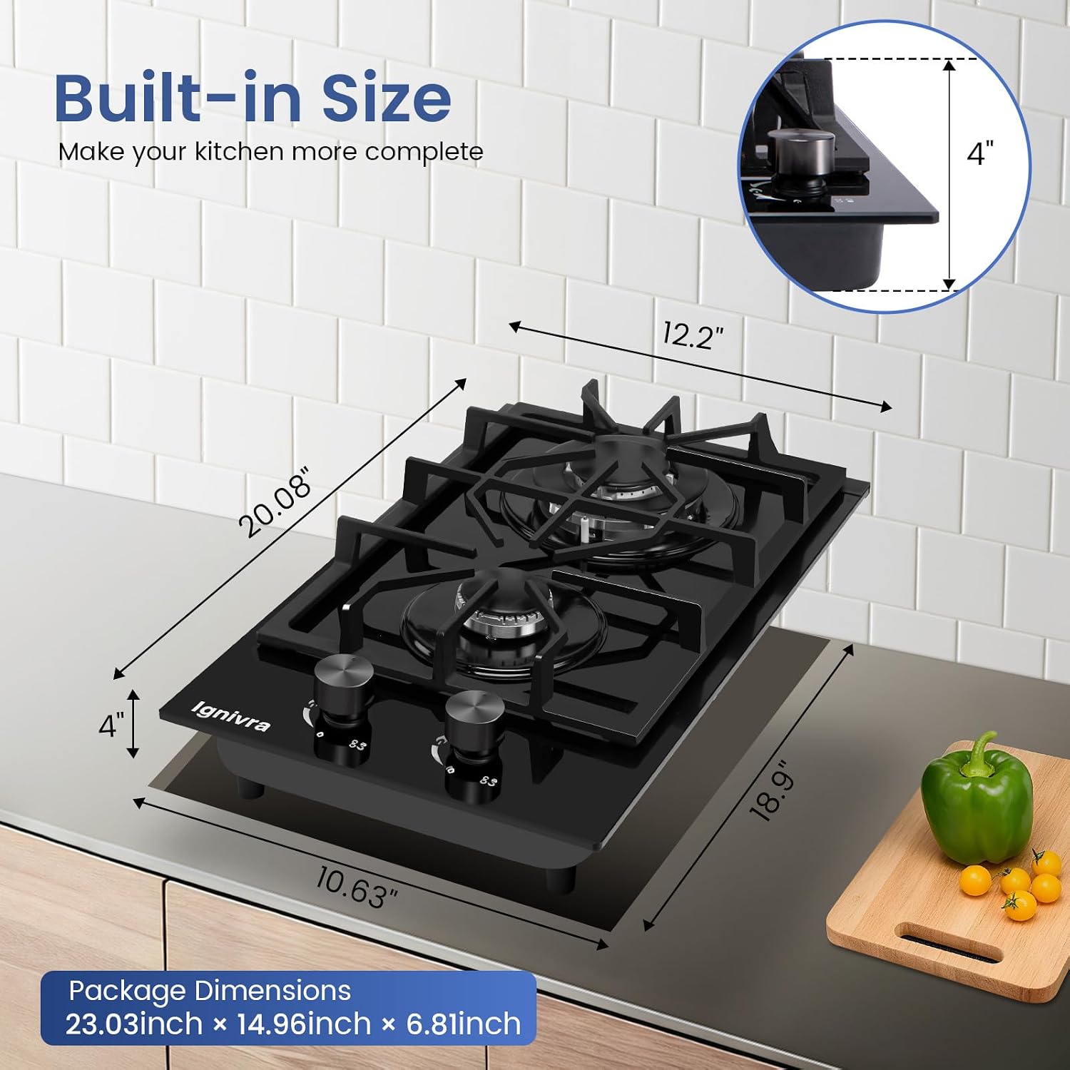 Gas Cooktop 2 Burner,12000W Built-in Gas Stove, Black Crystal Tempered Glass Propane Cooktop, 20.08x12.2' Top Propane Stove Indoor LPG/NG Dual Fuel Hob for Apartment Kitchen RV