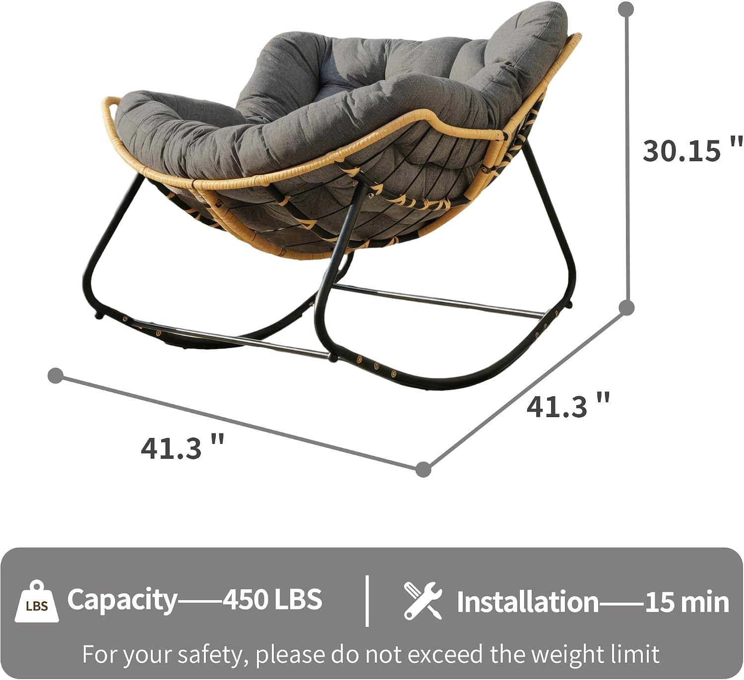 Outdoor Rocking Chair, Patio Egg Rocking Chair, Indoor Papasan Chair, Rattan Wicker Lounge Chair, Modern Royal Chair for Bedroom, Living Room, Porch, Garden,Lawn (41.3' Grey)