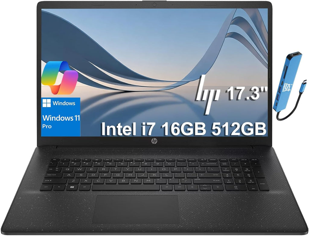 HP 17 Laptop (17.3' HD+ BrightView, Intel 10-Core i7-1355U, 16GB RAM, 512GB SSD, Narrow Bezel) for Business, Enterprise, Students, Long Battery Life, Wi-Fi 6, IST Hub, Webcam, Fast Charge, Win 11 Pro