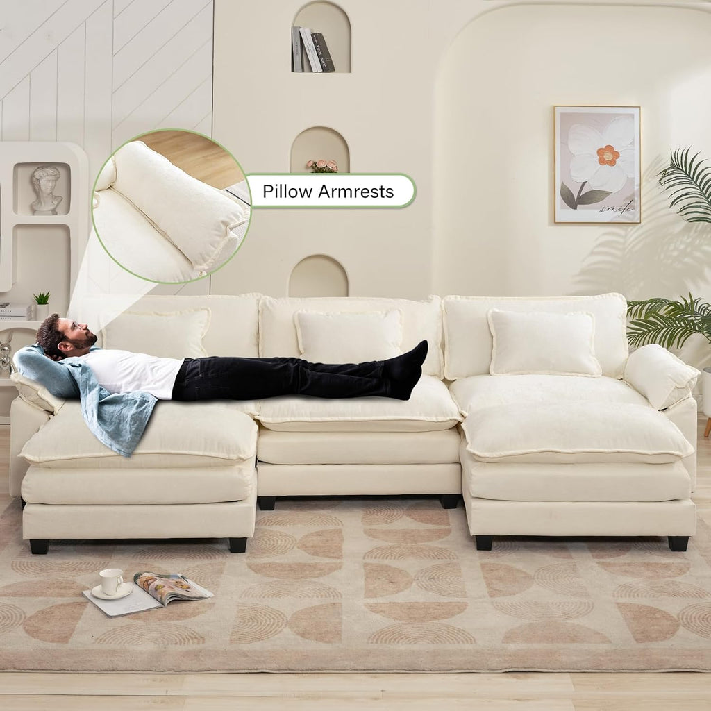 Oprisen 120' Modular Sectional Sofa, Comfy Cloud Couch Sectional Sofa with Ottoman, Chenille Sofa Sleeper Deep Seat Sofa with Throw Pillows for Living Room (Beige White, 120'- U Shape)