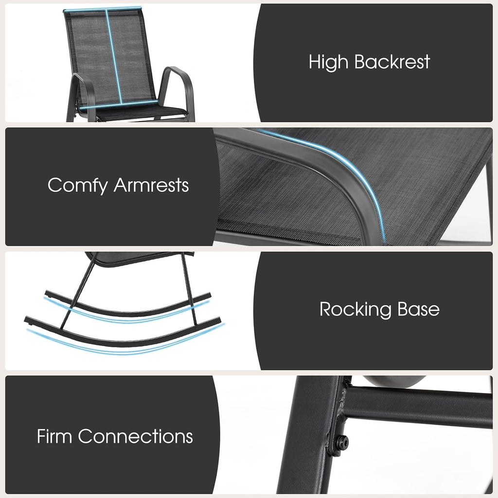 Giantex Outdoor Rocking Chairs Set of 2, Patio Rocking Chairs w/Breathable Seat & Back, Heavy-Duty Metal Support, Ergonomic Outside Rocker for Backyard, Poolside, Garden (2, Black)