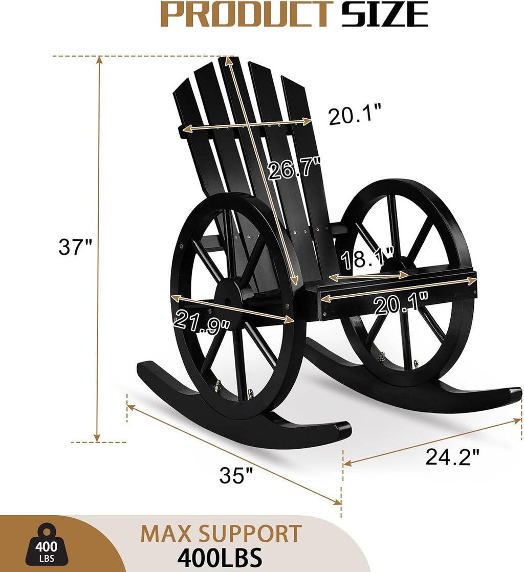 Outvita Adirondack Rocking Chair Set of 2, Wood Wagon Rocker, Outdoor Wooden Carbonized Lounge Chairs with Wheel Armrest for Garden Patio Country Porch(Black